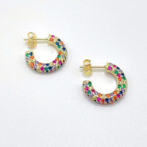 Pendiente de plata bañada en oro y circonitas, de medio aro, Arcoíris